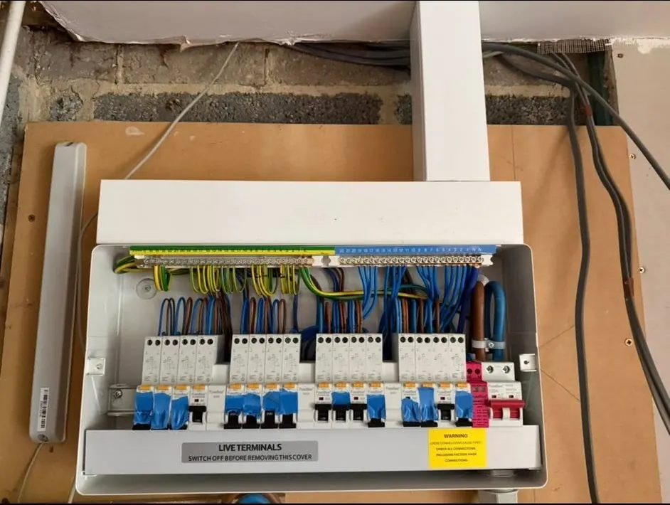 Interior of a consumer unit showing individually protected circuits with neatly dressed and ordered conductors