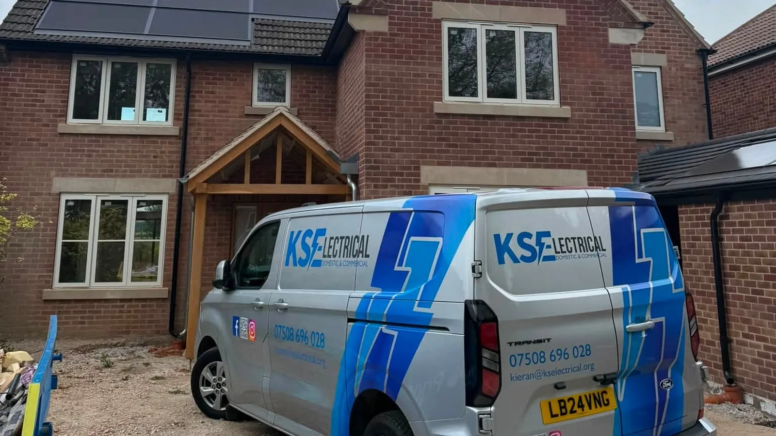 The KS Electrical van on a driveway outside a newly built house in Staffordshire